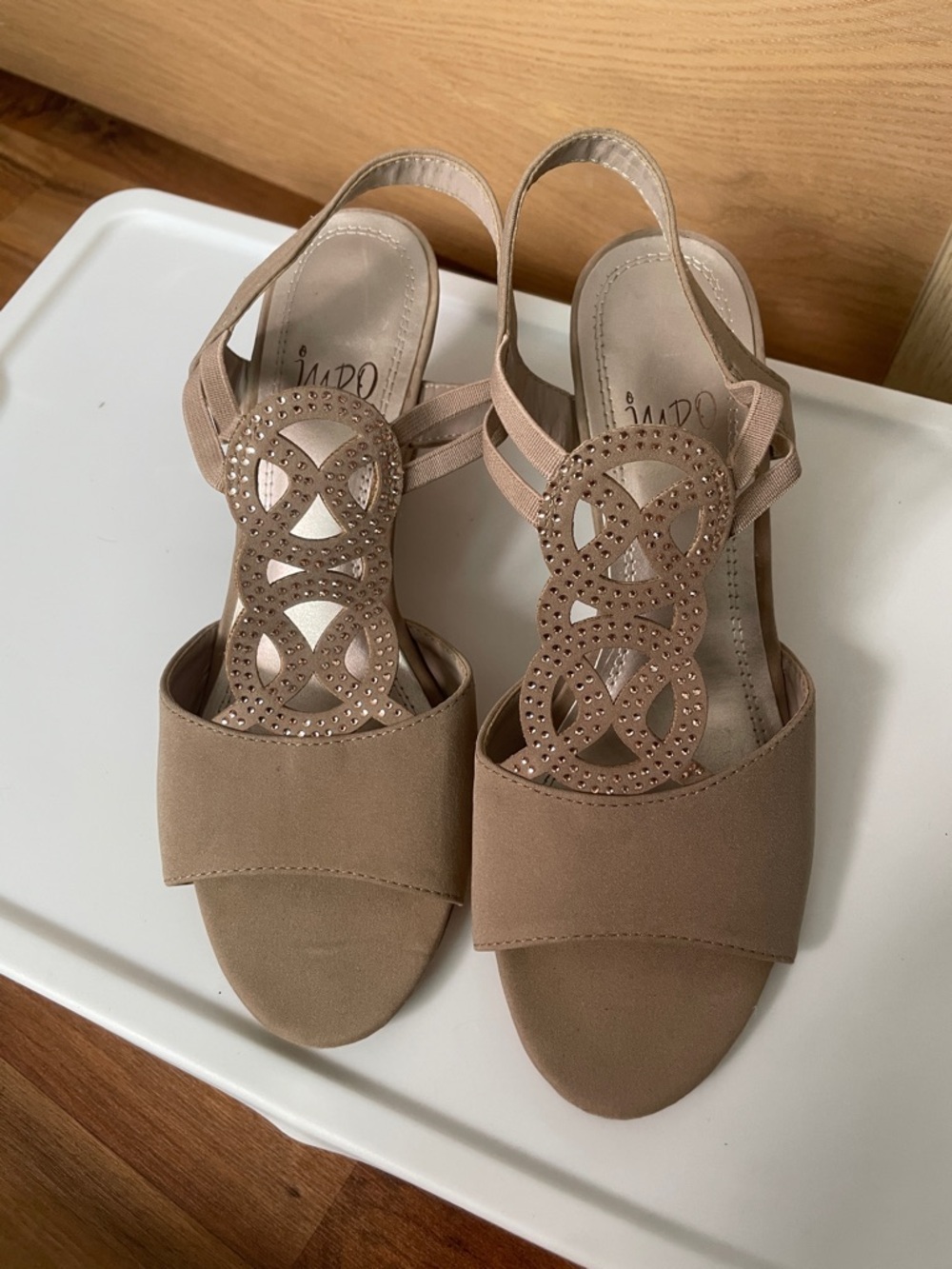 Impo Taupe Open-Toe Slingback Sandals with Decorative Cutouts